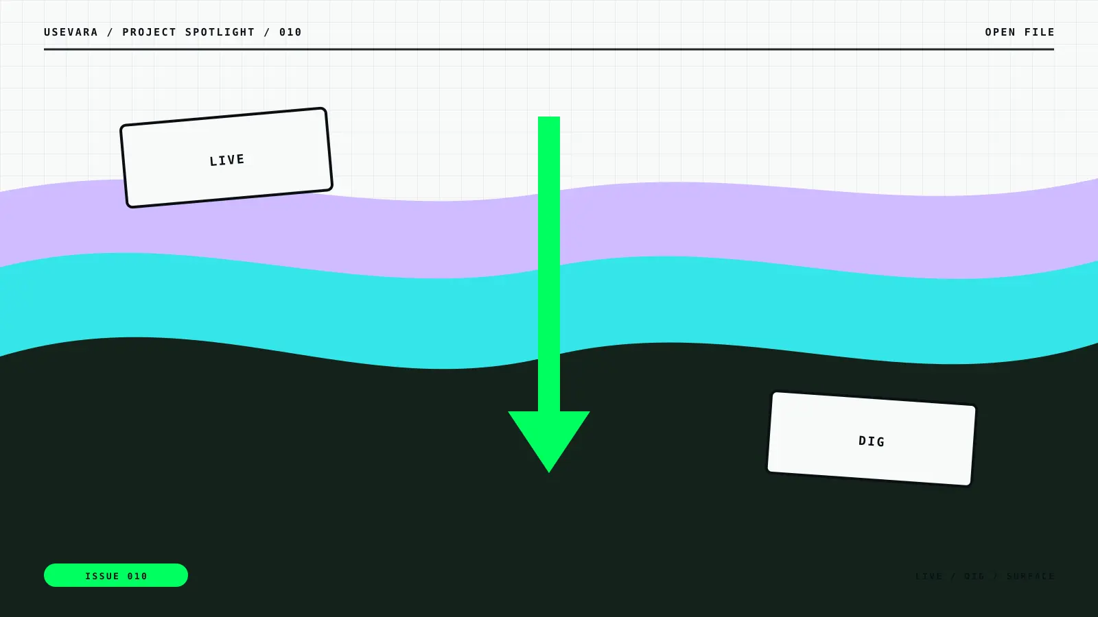 Editorial illustration for What Digger Tried to Build on Vara.eth: strata motif with live, dig, surface labels.