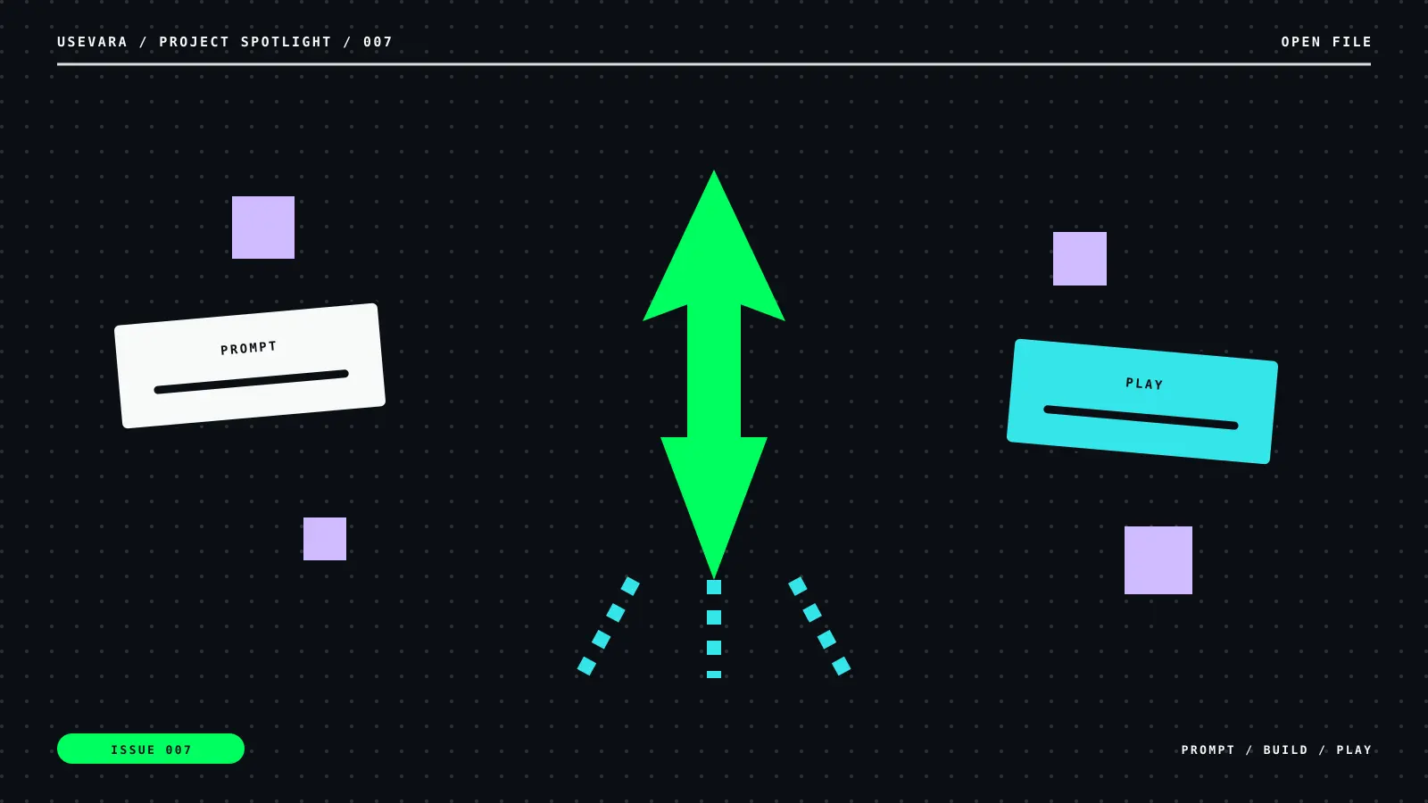 Editorial illustration for V-Starship Is What Happens When AI Builds the Arcade: arcade motif with prompt, build, play labels.
