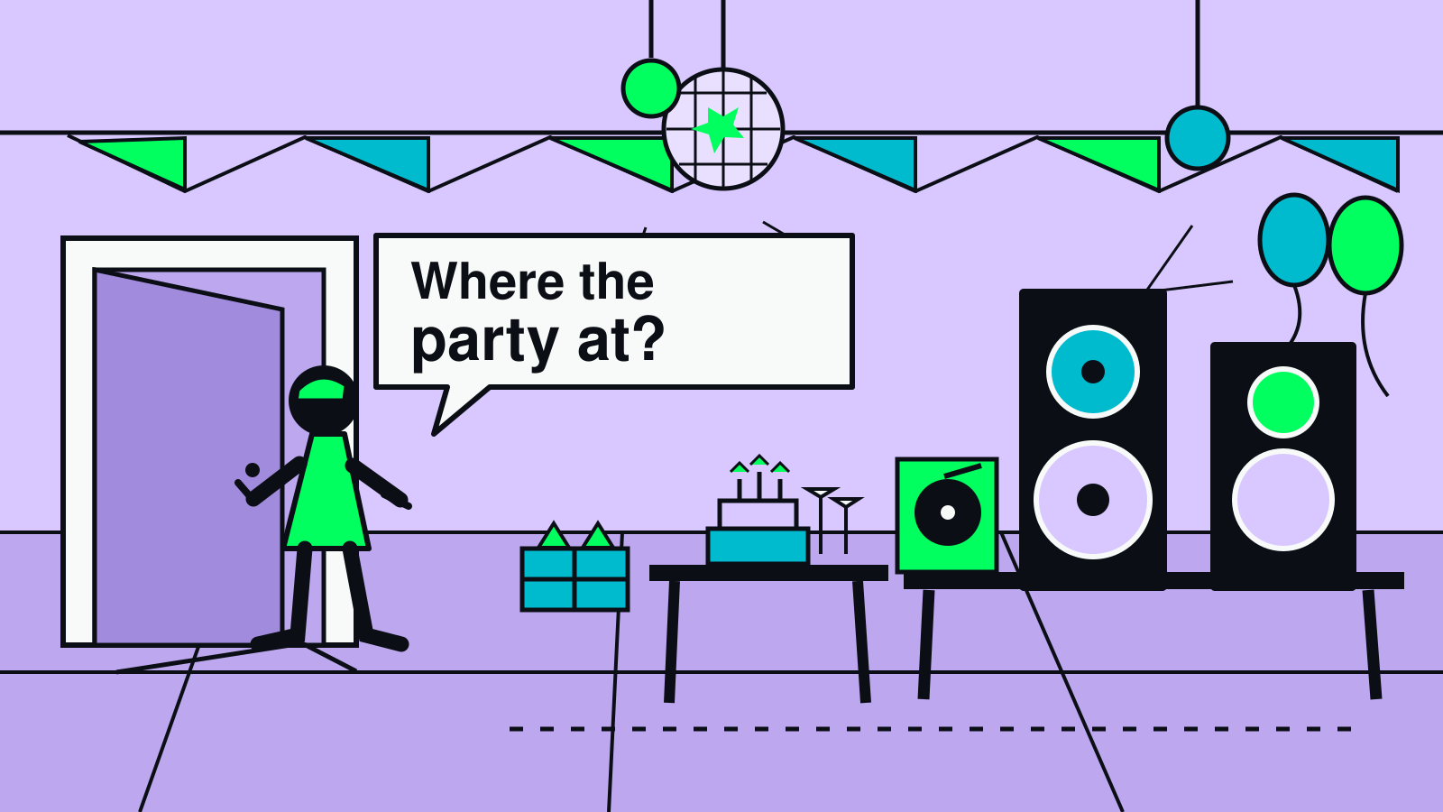 A lone guest enters a room stocked for a party and asks, ‘Where the party at?’