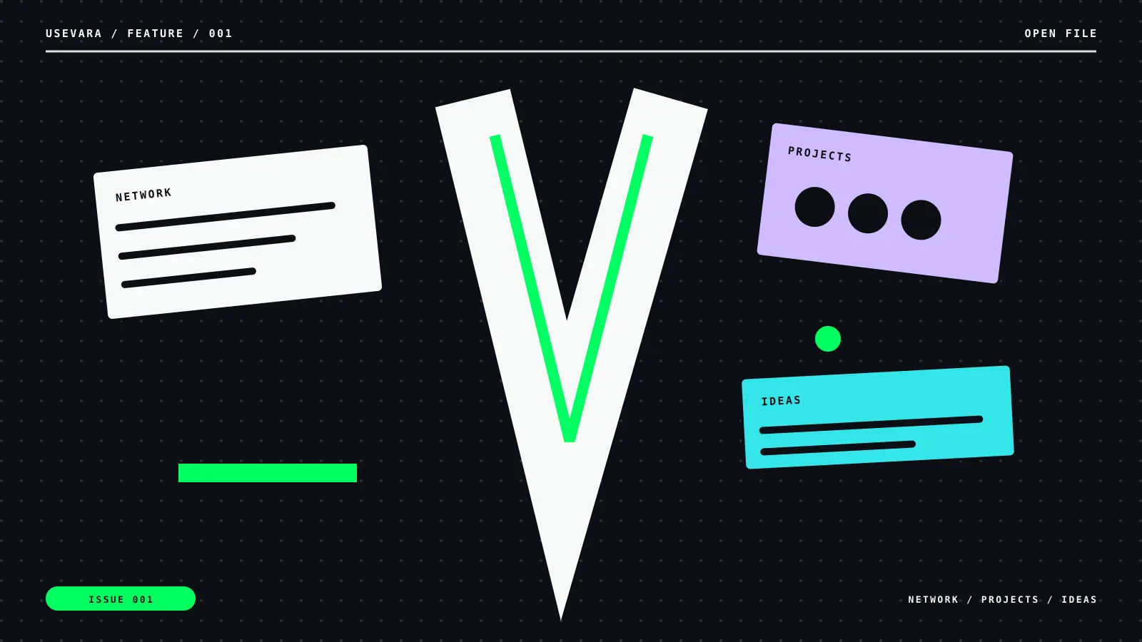 Editorial illustration for Welcome to Vara. Here’s Why We’re Paying Attention: field guide motif with network, projects, ideas labels.