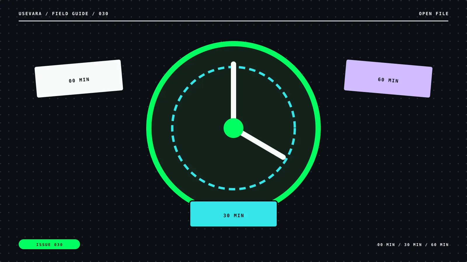 Editorial illustration for Your First Hour on Vara: hour motif with 00 min, 30 min, 60 min labels.
