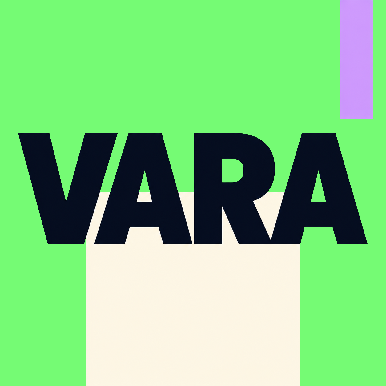 Black VARA lettering across a green field on cream with a small lilac accent.