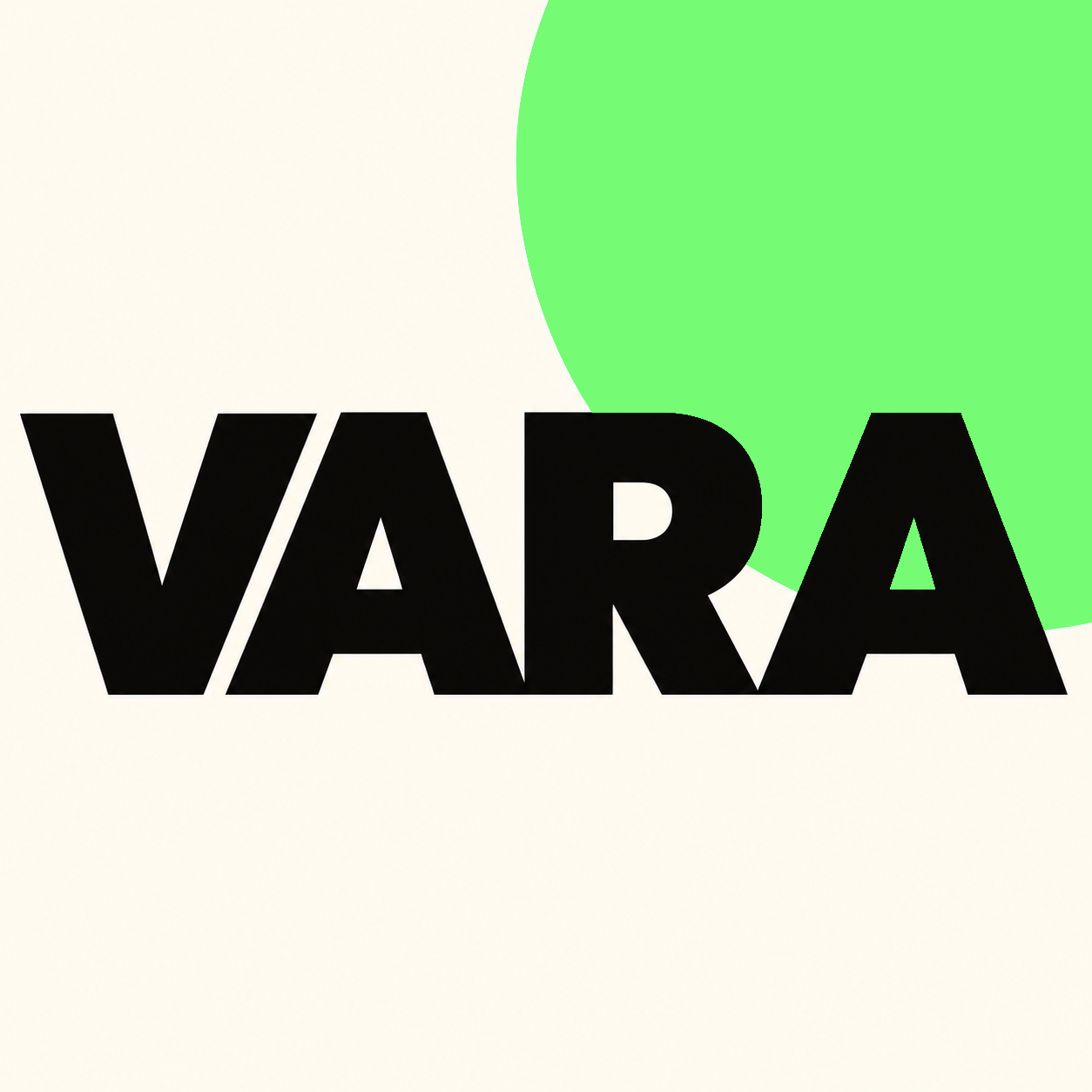 Black VARA lettering crossing a large bright green circle on a cream square.