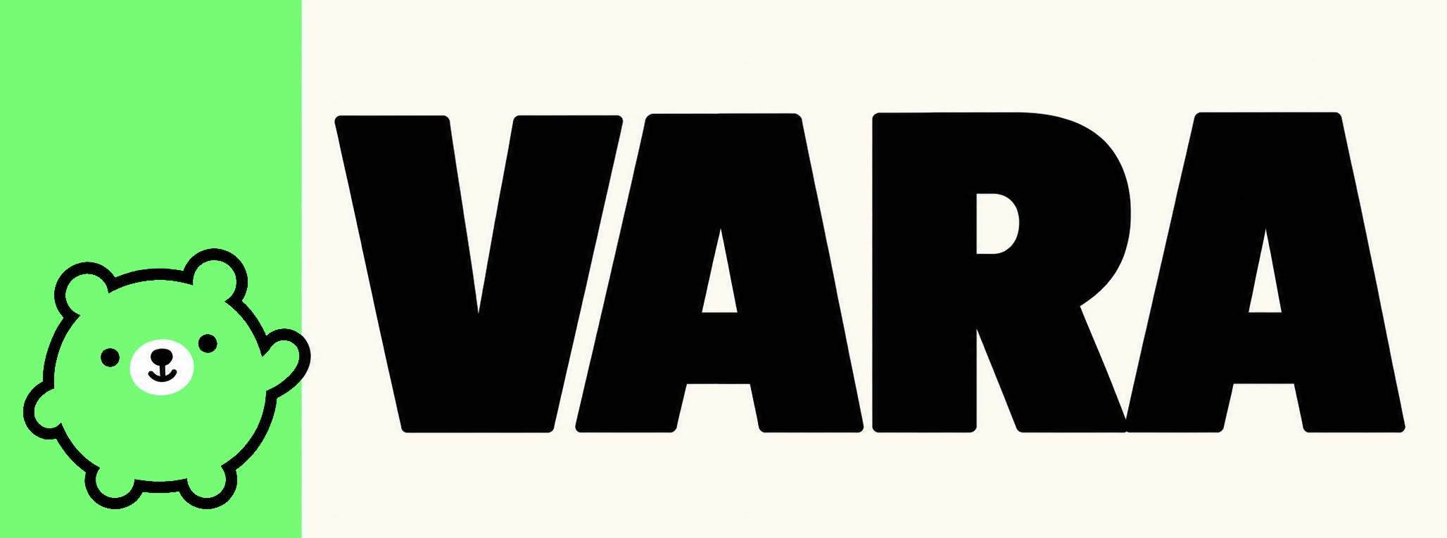 Wide cream header with a green panel and round Varbear character at the left of bold black VARA lettering.